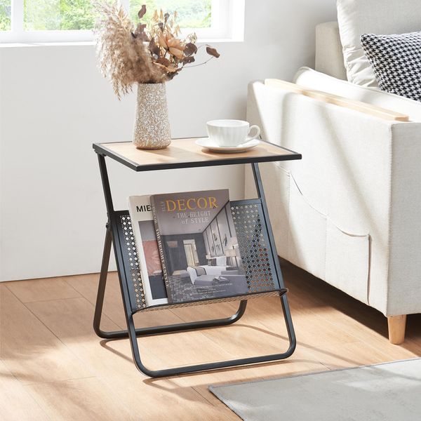 Tavolino Con Portagiornali "JäLler"" In Metallo 48 X 40 X 30 Cm Nero / Effetto Rovere"-image