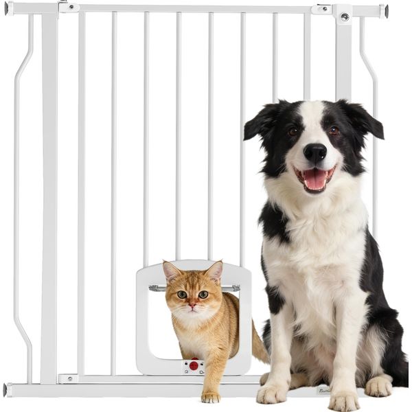 Pawhut Barriera Di Sicurezza Per Scale Barriera Di Sicurezza Per Porte Con Gattaiola Barriera Di Sicurezza Senza Forature 75-85 Cm Barriera Di Sicurezza In Acciaio Per Cani, Animali Domestici Scale, Porte, Bianco-image