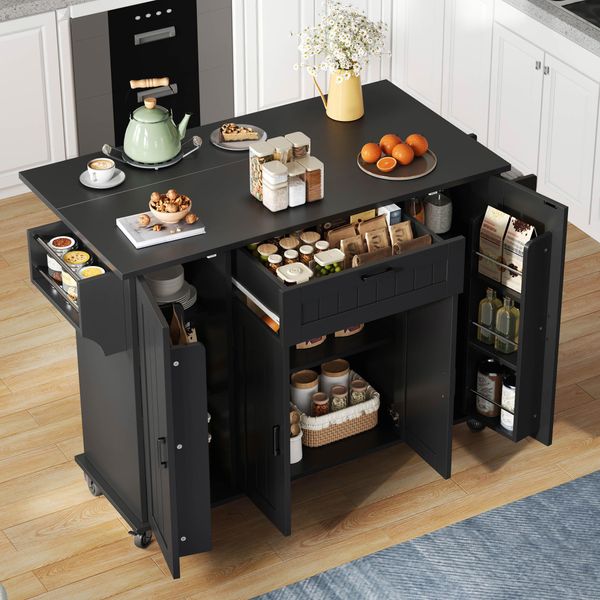Isola Da Cucina Merax Con Piano Di Lavoro Ribaltabile, Carrello Da Cucina Su Ruote Con 4 Ante E 1 Cassetto, Ripiani Integrati Per Spezie E Portasciugamani, Nero-image