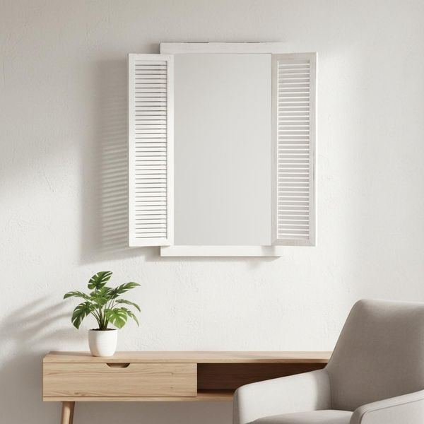 Mucola Specchio Da Parete Con Persiane Specchio 72CM Armadio Specchio Specchio Finestra Specchio Legno Bagno Specchio Decorativo - Bianco-image