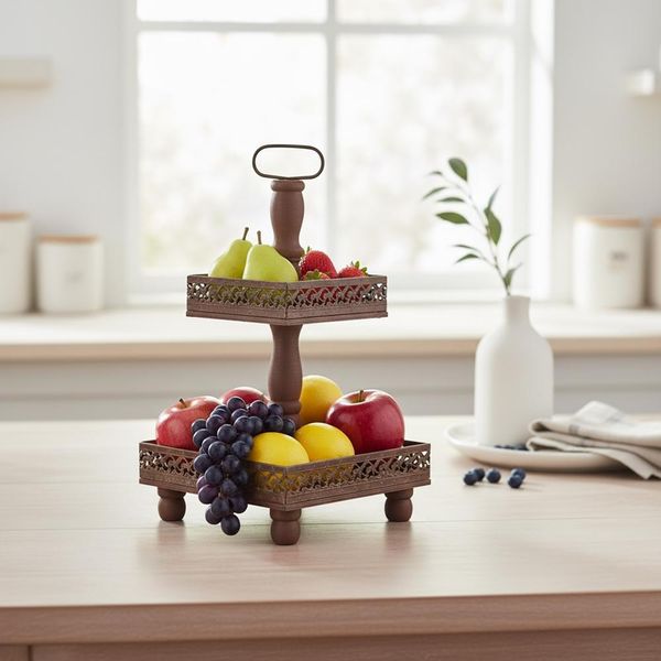 Mucola Etagere 2 Tier Serving Plate Standetagere Stand Fruit Bowl Pastry Bowl Vintage Cake Stand - Browngrey-image