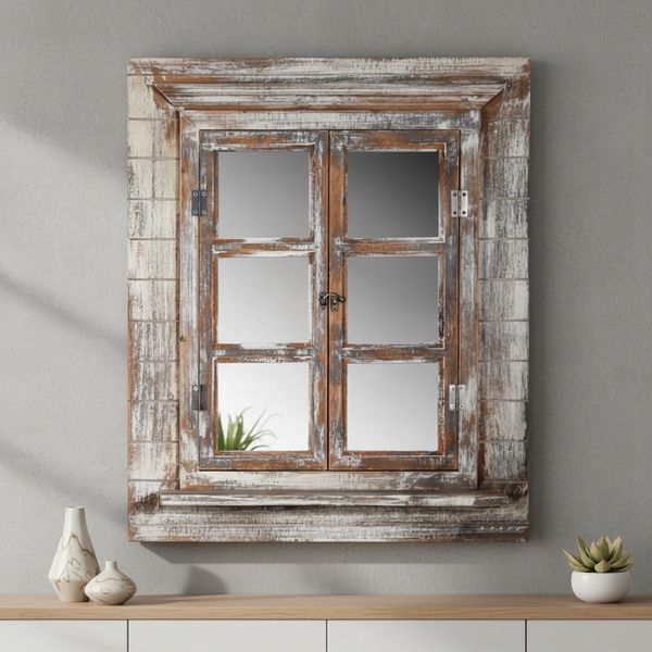 Mucola Specchio Da Parete Con Persiane Specchio Cornice Specchio Finestra Cornice Foto Shabby Specchio Decorativo Specchio Armadio - Marrone-image