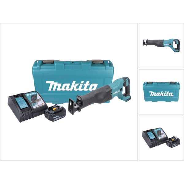 Makita Djr 186 RF1K 18V Seghetto Diritto A Batteria In Valigetta Da Trasporto + 1X Batteria Bl 1830 3,0 Ah + Caricabatterie Rapido Dc 18 Rc-image