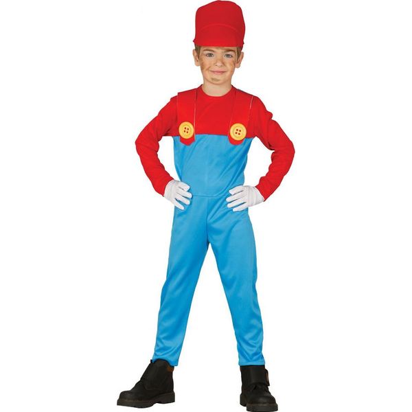 Idraulico Avventura Figura Costume Carnevale Videogioco Classico Cappello Tuta Rosso Blu Carnevale, Taglia: 128/134 Colore: Rosso-image