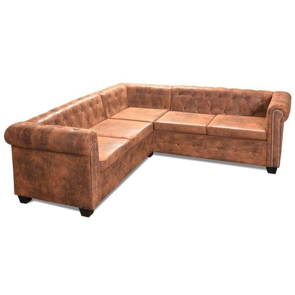 Vidaxl Divano Angolare Chesterfield 5 Posti In Pelle Finta Marrone-image