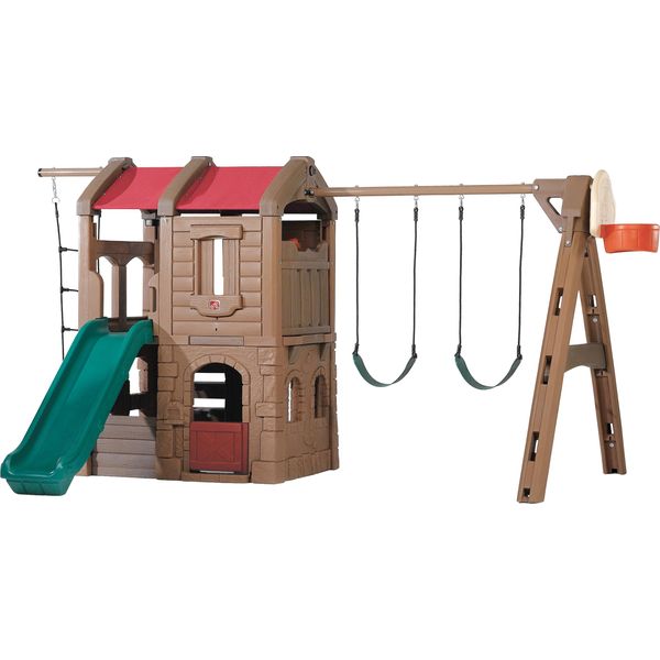 Step2 Naturally Playfull Adventure Lodge Parco Giochi Con Scivolo, Altalene, Scala Di Corda E Canestro Da Basket | Xxl Parco Giochi / Casa Di Gioco In Plastica Per Bambini-image