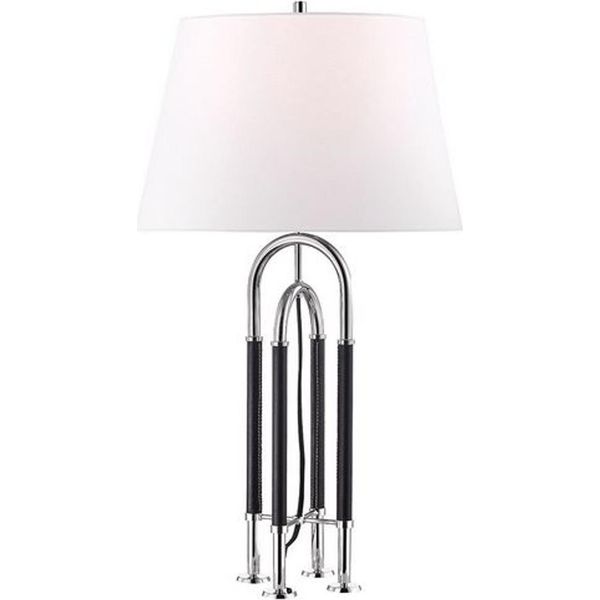 Casa Padrino Lampada Da Tavolo Argento / Nero / Bianco Ø 40,6 X H. 73,7 Cm - Lampada In Metallo Nobile Con Paralume In Pelle E Lino Di Alta Qualità - Qualità-image