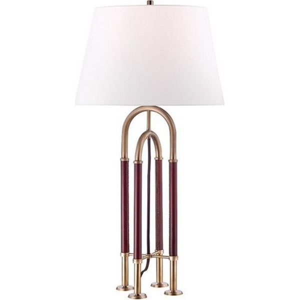 Casa Padrino Lampada Da Tavolo In Ottone Antico/Marrone/Bianco Ø 40,6 X H. 73,7 Cm - Lampada In Metallo Nobile Con Paralume In Pelle E Lino Di Alta Qualità - Qualità-image