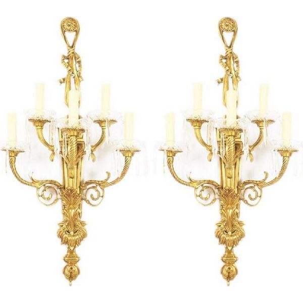 Casa Padrino Set Di Lampade Da Parete Barocche Oro / Bianco 35 X 20 X H. 95 Cm - Lampade Da Parete In Bronzo Dorato - Magnifiche Lampade Barocche-image