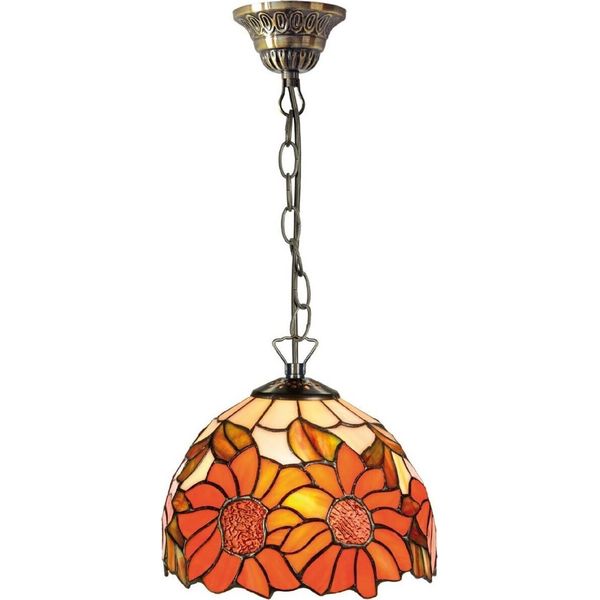 Casa Padrino Lampada A Sospensione Tiffany Girasoli Arancione / Multicolore Ø 20 X H. 78 Cm - Lampada A Sospensione Realizzata A Mano In 135 Parti-image