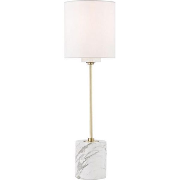 Casa Padrino Lampada Da Tavolo In Ottone Antico / Bianco Ø 15,9 X H. 55,9 Cm - Lampada Da Tavolo Moderna Rotonda Con Paralume In Seta Artificiale E Base In Marmo-image