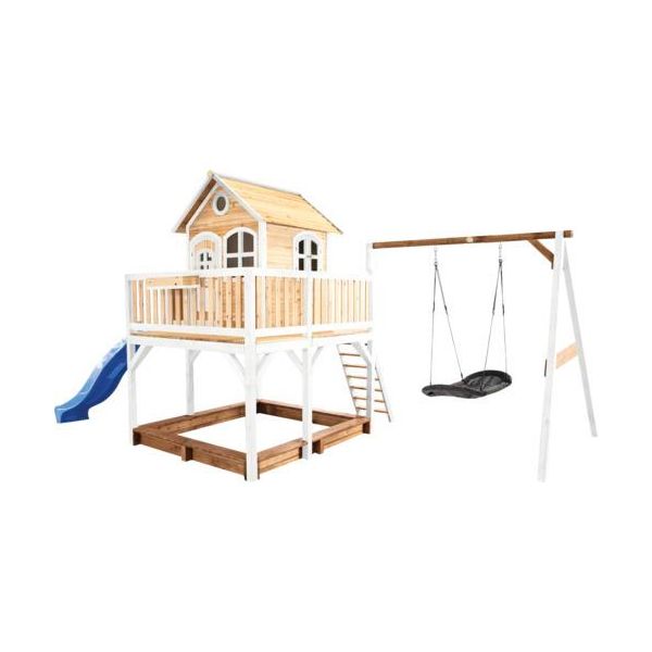 Axi Liam Casetta Con Pavimento, Sabbiera, Altalena A Nido E Scivolo Blu | Casa Da Gioco Per Giardino / Esterno In Marrone E Bianco Da Legno | Parco Giochi Per Bambini-image