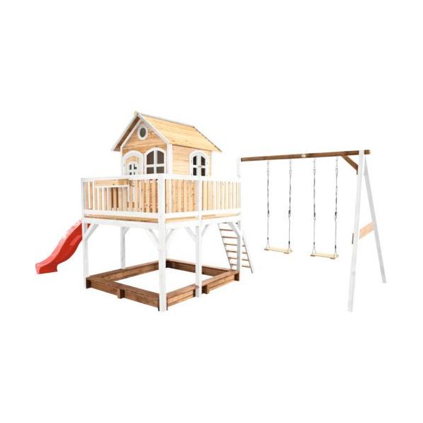 Axi Liam Casetta Con Pavimento, Sabbiera, Doppia Altalena E Scivolo Rosso | Casa Da Gioco Per Giardino / Esterno In Marrone E Bianco Da Legno | Parco Giochi Per Bambini-image