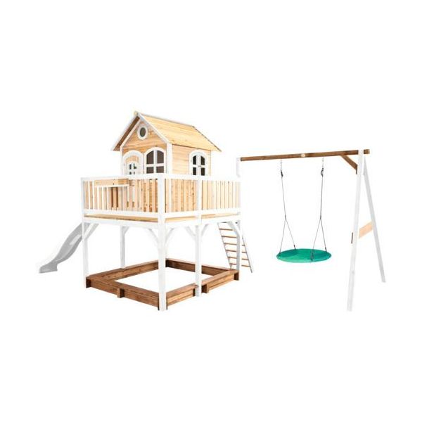 Axi Liam Casetta Con Pavimento, Sabbiera, Altalena A Nido E Scivolo Bianco | Casa Da Gioco Per Giardino / Esterno In Marrone E Bianco Da Legno | Parco Giochi Per Bambini-image