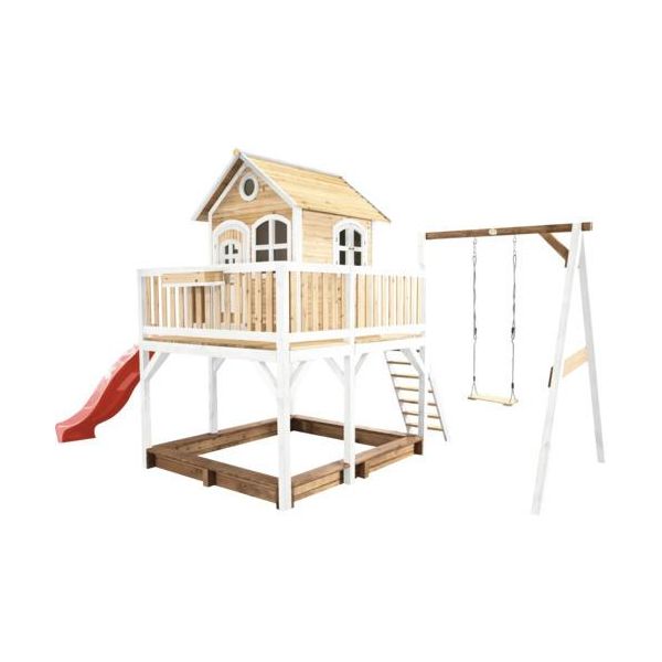 Axi Liam Casetta Con Pavimento, Sabbiera, Altalena Singola E Scivolo Rosso | Casa Da Gioco Per Giardino / Esterno In Marrone E Bianco Da Legno | Parco Giochi Per Parco Giochi Per Bambini-image