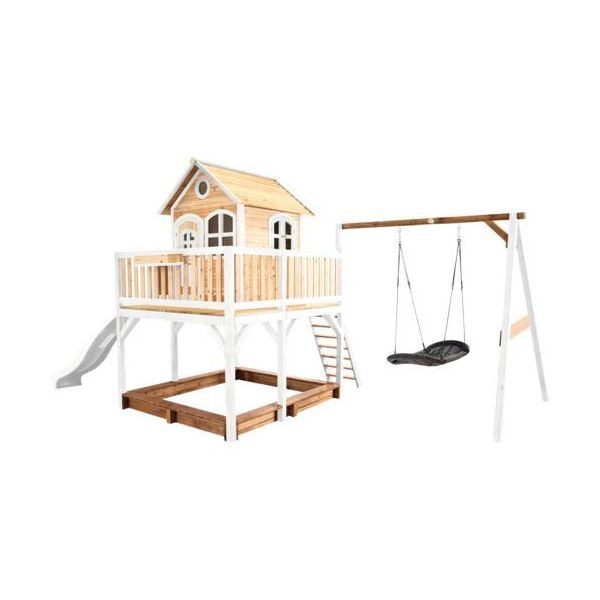 Axi Liam Casetta Con Pavimento, Sabbiera, Altalena A Nido E Scivolo Bianco | Casa Da Gioco Per Giardino / Esterno In Marrone E Bianco Da Legno | Parco Giochi Per Bambini-image
