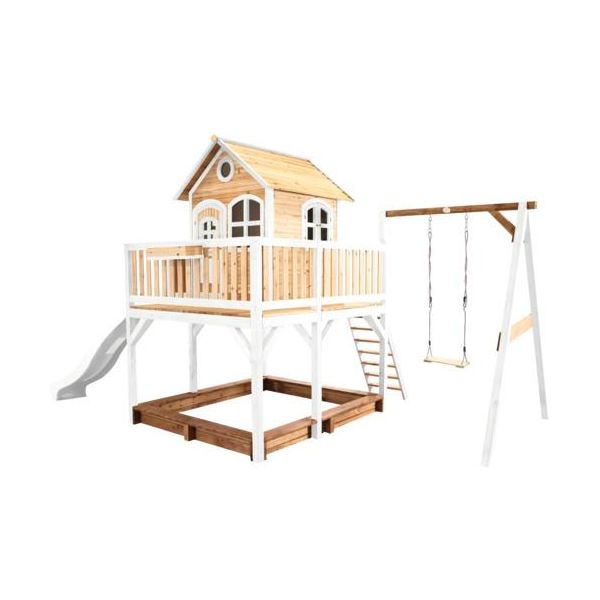 Axi Liam Casetta Con Pavimento, Sabbiera, Altalena Singola E Scivolo Bianco | Casa Da Gioco Per Giardino / Esterno In Marrone E Bianco Da Legno | Parco Giochi Per Parco Giochi Per Bambini-image