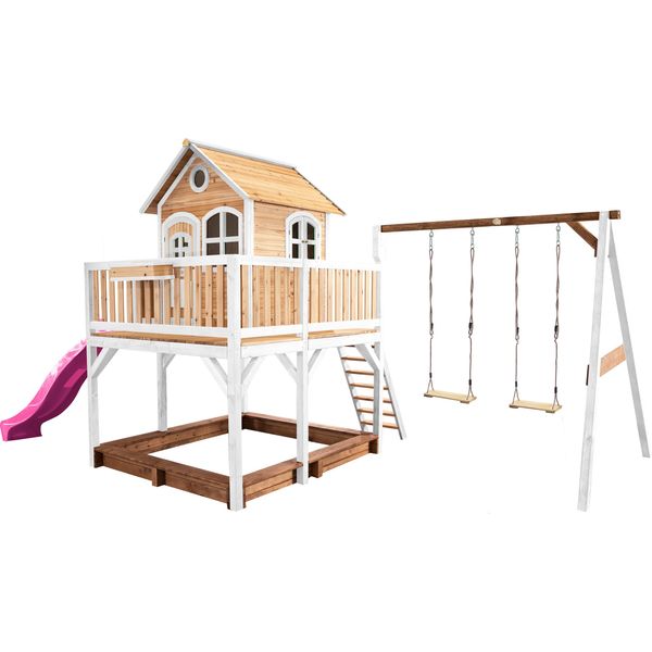 Axi Liam Casetta Con Pavimento, Sabbiera, Doppia Altalena E Scivolo Viola | Casa Da Gioco Per Giardino / Esterno In Marrone E Bianco Da Legno | Parco Giochi Per Bambini-image