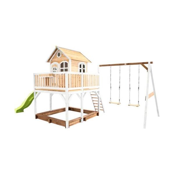 Axi Liam Casetta Con Pavimento, Sabbiera, Doppia Altalena E Scivolo Verde Lime | Casa Da Gioco Per Giardino / Esterno In Marrone E Bianco Da Legno | Parco Giochi Per Bambini-image