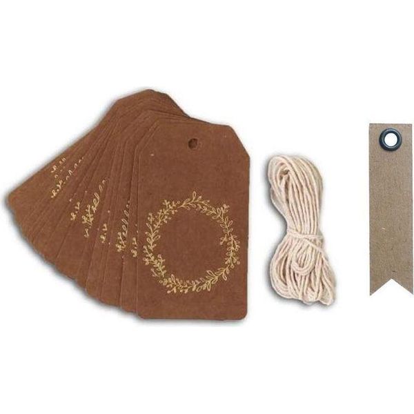 20 Etichette Kraft 4,5 X 8 Cm Corona Floreale Dorata E Spago + 20 Etichette Kraft A Gagliardetto-image