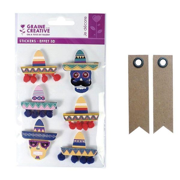 6 Adesivi 3D - Cappelli Messicani Sombreros 5,5 Cm + 20 Etichette Kraft A Gagliardetto-image