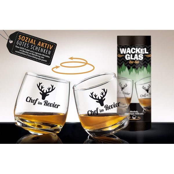 Gilde 2Tlg. Set, Wackelglas, "Chef"", Hirschmotiv, Spruch, Glas, Klar, , H. 8,5 Cm, D. 7,5 Cm 46903"-image