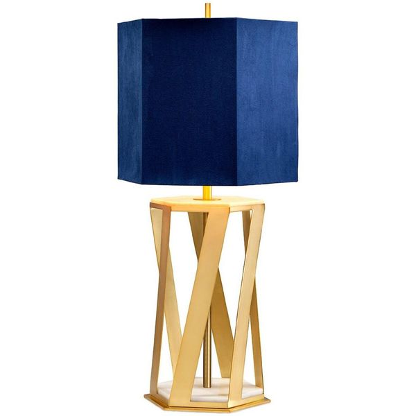 Casa Padrino Lampada Da Tavolo Color Ottone / Bianco / Blu 27,5 X 27,5 X H. 87 Cm - Lampada Da Tavolo Moderna Con Paralume In Seta Artificiale - Collezione Luxury-image