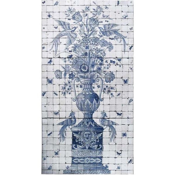 Casa Padrino Luxury Baroque Deco Wall Painting Vase With Flowers And Birds White / Grey / Blue 155 X H. 280 Cm - Piastrelle Di Mosaico In Pietra Naturale Dipinte A Mano - Decorazione Murale Barocca-image