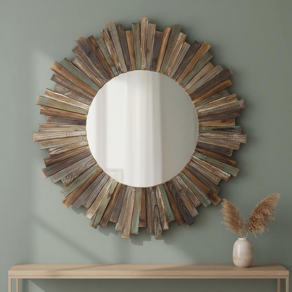 Specchio Da Parete Mucola 90 Cm Specchio Rotondo Da Sala Specchio Decorativo Specchio Shabby In Legno Marrone Specchio Appeso Cornice In Legno Cosmetici Legno Massiccio Barocco Antico-image