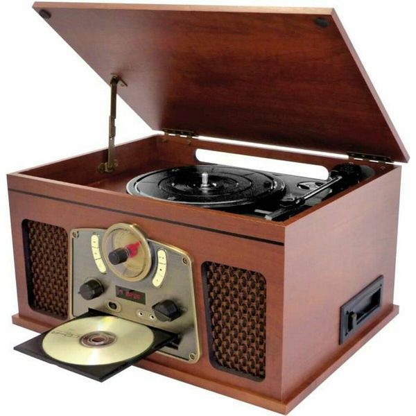 Inovalley RETRO10E-BTH-N - Sistema Hi-Fi Retrò - Connettività Bluetooth, Usb, Vinili, Cd, K7 Audio, Radio Fm, Aux-In - Legno Vecchio-image