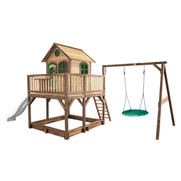 Axi Liam Casetta Con Pavimento, Sabbiera, Altalena A Nido E Scivolo Bianco | Casa Da Gioco Per Giardino / Esterno In Marrone E Verde In Legno | Parco Giochi Per Bambini-image