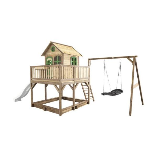 Axi Liam Casetta Con Pavimento, Sabbiera, Altalena A Nido E Scivolo Bianco | Casa Da Gioco Per Giardino / Esterno In Marrone E Verde In Legno | Parco Giochi Per Bambini-image