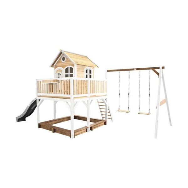 Axi Liam Casetta Con Pavimento, Sabbiera, Doppia Altalena E Scivolo Grigio | Casa Da Gioco Per Giardino / Esterno In Marrone E Bianco In Legno | Parco Giochi Per Bambini-image