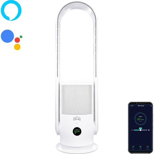 Djive Arc Casual Ventilatore Senza Rotore, Ventilatore A Torre 2In1 + Purificatore D'aria, Silenzioso, Ventilatore Da Piedistallo Con 9 Velocità, Oscillazione, App, Alexa, HEPA14, Bianco-image