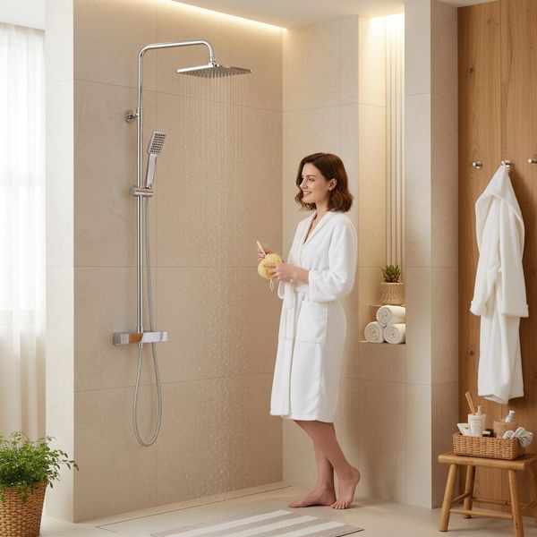 Sistema Doccia Termostatico Homelody In Ottone Con Soffione Doccia, Doccetta Manuale, Soffione Doccia A Pioggia Ad Alta Pressione-image