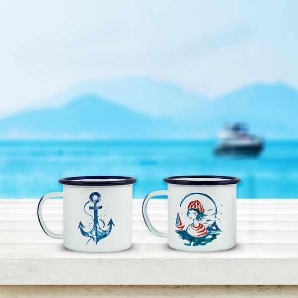 Anemoss Marine Collection Sailor Girl&Anchor Tazze Smaltate, Tazza Da Campeggio, Tazza Smaltata Da 350 Ml, Tazza Da Caffè Per Esterni E Campeggio, TüRkiye Made-image