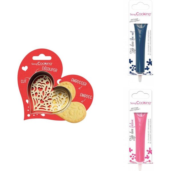 Set Di Biscotti Con Cuore In Rilievo + 2 Bastoncini Di Cioccolato Blu Notte E Fucsia-image