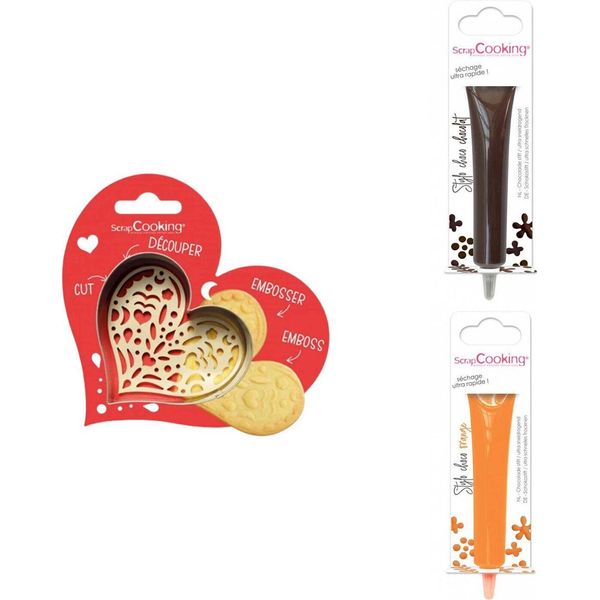 Set Di Biscotti Con Cuore In Rilievo + 2 Bastoncini Di Cioccolato Marrone E Arancione-image