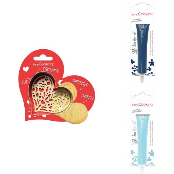 Set Di Biscotti Con Cuore In Rilievo + 2 Bastoncini Di Cioccolato Blu Notte E Blu Pastello-image