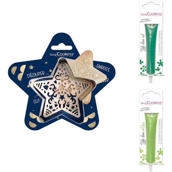 Set Di Biscotti A Rilievo A Forma Di Stella + 2 Bastoncini Di Cioccolato Verde E Verde Chiaro-image