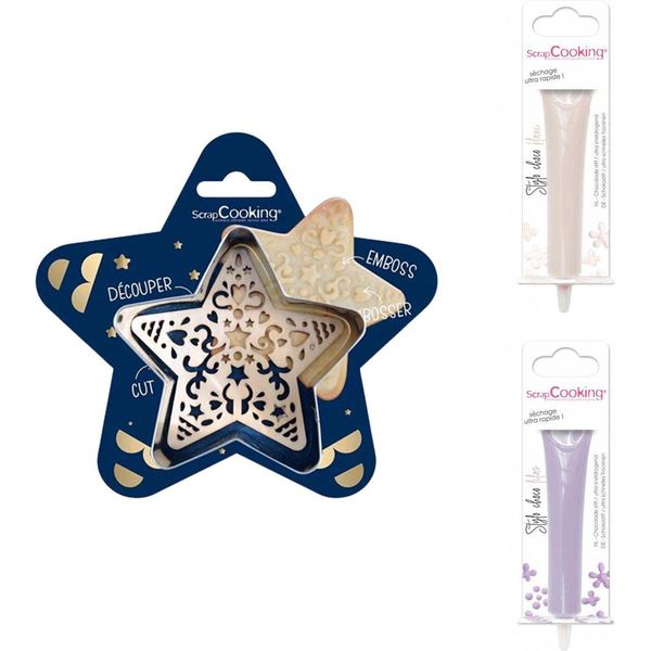 Confezione Di Biscotti Star Relief + 2 Bastoncini Di Cioccolato Bianco E Lilla-image