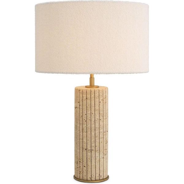 Casa Padrino Lampada Da Tavolo Beige / Ottone Antico / Crema Ø 40 X H. 64 Cm - Lampada Da Tavolo In Travertino Con Paralume Rotondo - Lampade Da Tavolo - Illuminazione - Mobili-image