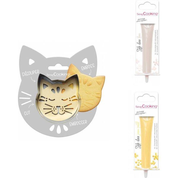 Confezione Di Biscotti Gatto In Rilievo + 2 Bastoncini Di Cioccolato Bianco E Giallo Color Pastello-image