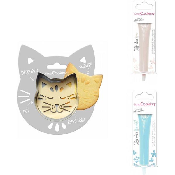 Confezione Di Biscotti In Rilievo Gatto + 2 Bastoncini Di Cioccolato Bianco E Blu Color Pastello-image