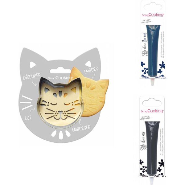 Confezione Di Biscotti Con Gatto In Rilievo + 2 Bastoncini Di Cioccolato Blu Notte E Fondente-image