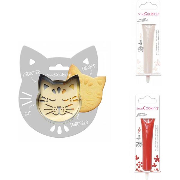 Confezione Di Biscotti A Rilievo Gatto + 2 Bastoncini Di Cioccolato Rosso E Bianco-image