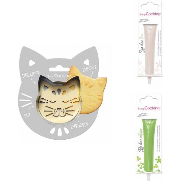 Confezione Di Biscotti In Rilievo Gatto + 2 Bastoncini Di Cioccolato Bianco E Verde Chiaro-image