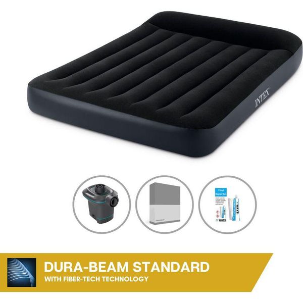 Letto Gonfiabile Intex - 2 Persone - 137 X 191 X 25 Cm - Nero + Pompa Elettrica Intex - 650 Litri/Min + Lenzuolo Di Ricambio Antracite + Kit Di Riparazione-image