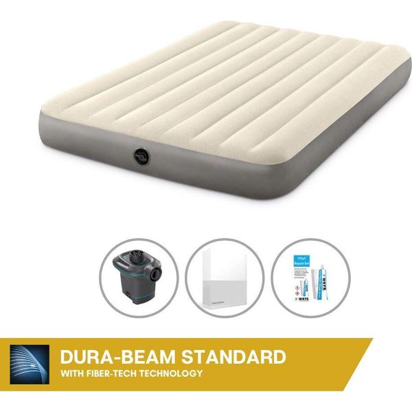 Letto Gonfiabile Intex - 2 Persone - 152 X 203 X 25 Cm - Beige + Pompa Elettrica Intex - 650 Litri/Min + Lenzuola Bianche + Kit Di Riparazione-image