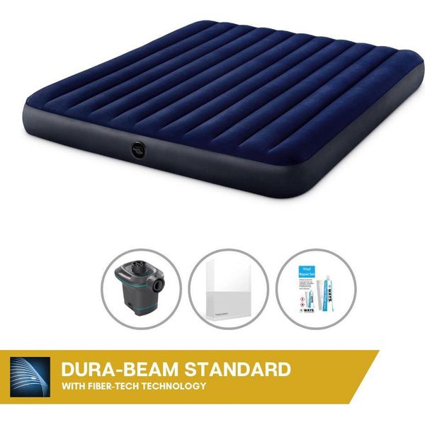 Letto Gonfiabile Intex - 2 Persone - 183 X 203 X 25 Cm - Blu + Pompa Elettrica Intex - 650 Litri/Min + Lenzuola Bianche + Kit Di Riparazione-image